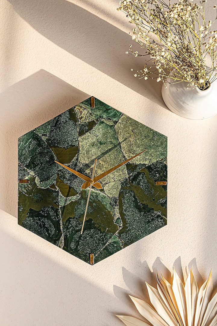 Green Moss Agate Stone Hexagon Wall Clock by Gemtherapy