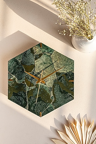 Green Moss Agate Stone Hexagon Wall Clock by Gemtherapy
