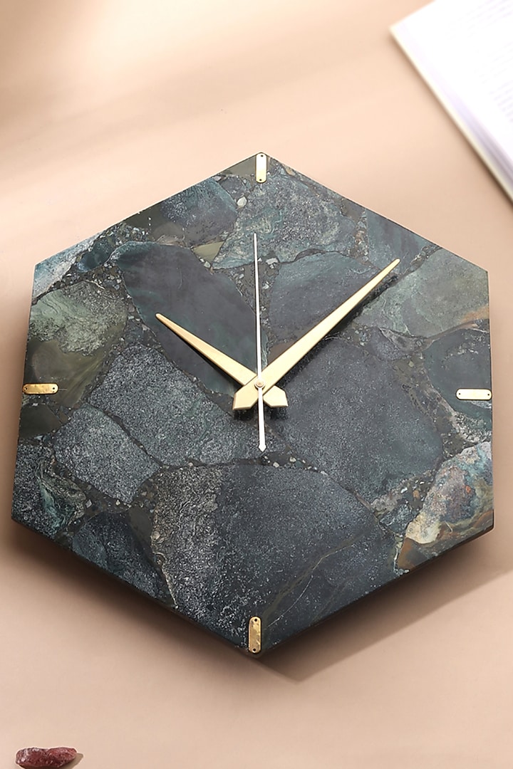 Green Moss Agate Stone Hexagon Wall Clock by Gemtherapy at Pernia's Pop Up Shop