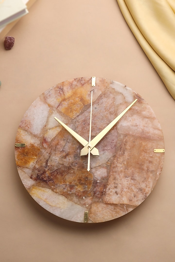 Brown Fire Quartz Stone Round-Shaped Wall Clock by Gemtherapy