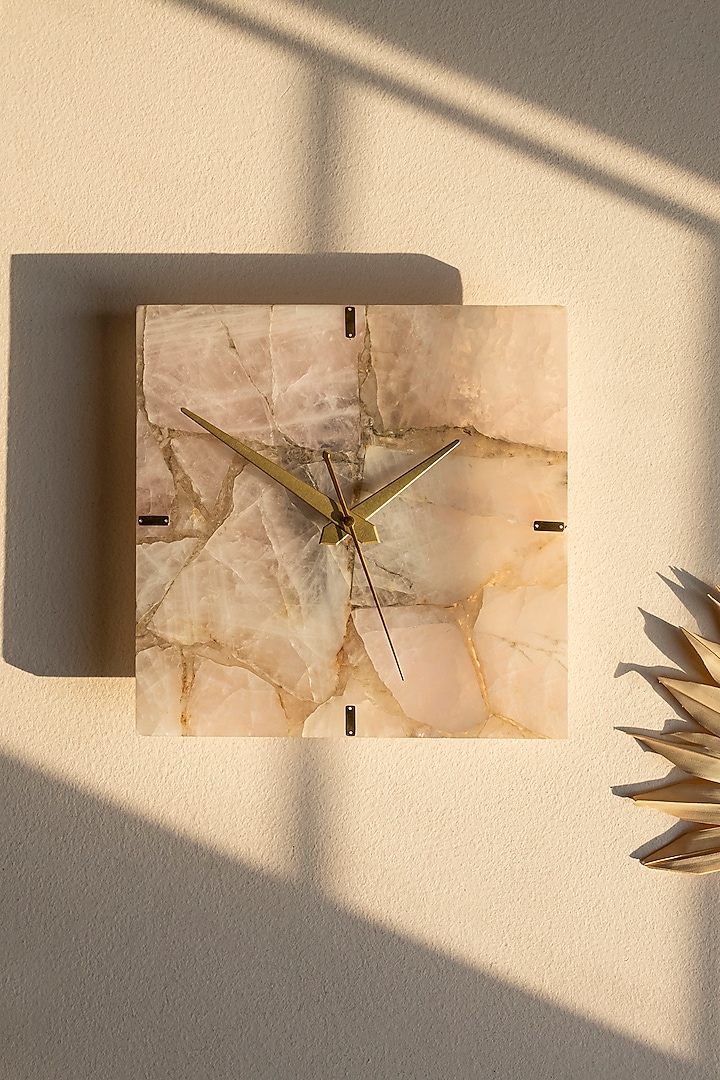 Baby Pink Rose Quartz Stone Square-Shaped Wall Clock by Gemtherapy