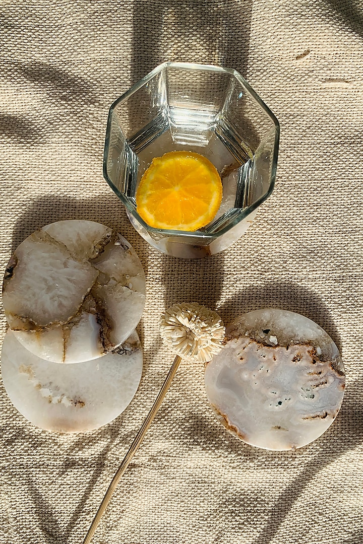 Brown & White Natural Agate Stone Round Coaster Set by Gemtherapy at Pernia's Pop Up Shop