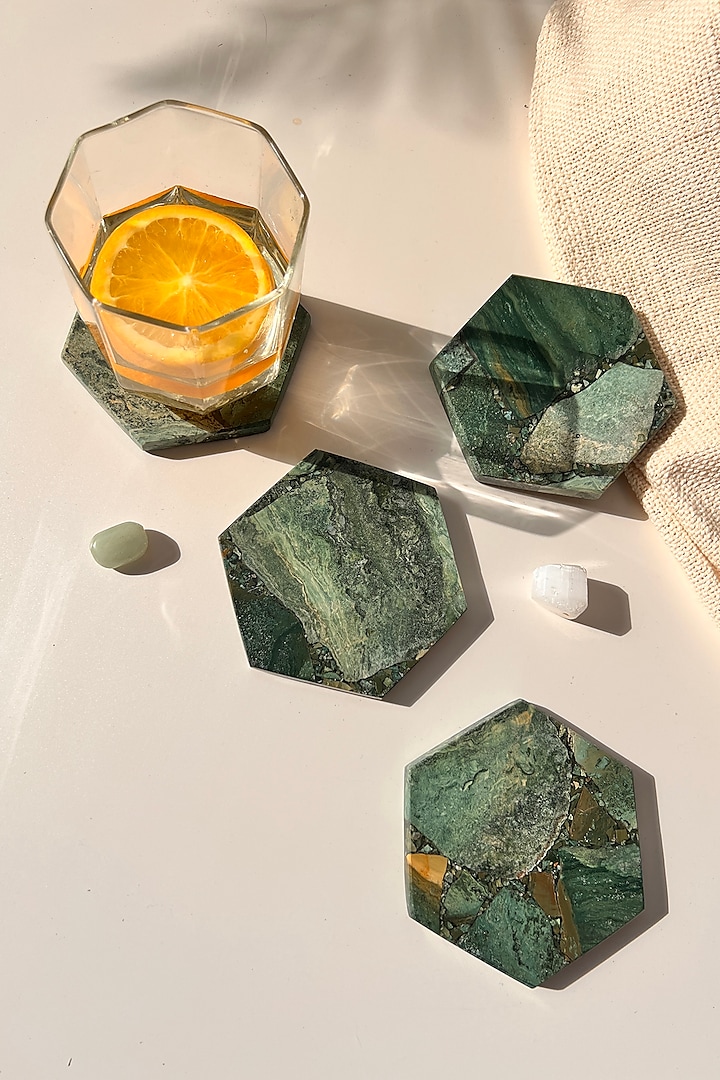 Green Moss Agate Stone Hexagon Coaster Set by Gemtherapy