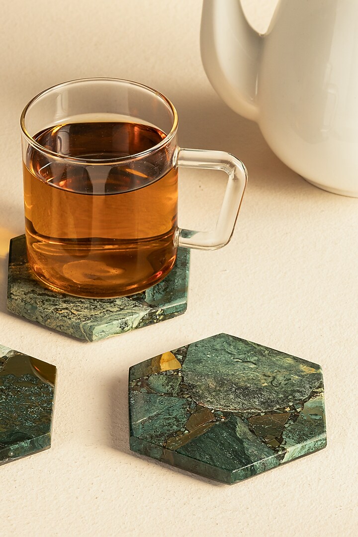 Green Moss Agate Stone Hexagon Coaster Set by Gemtherapy at Pernia's Pop Up Shop