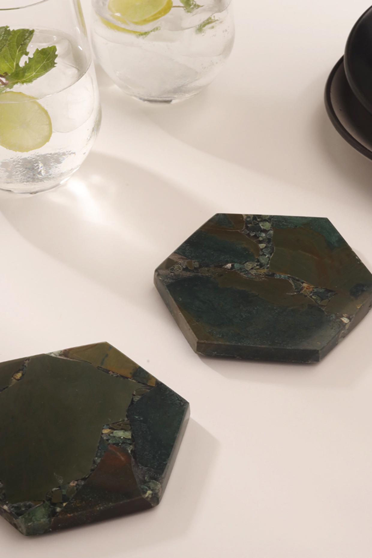 Green Moss Agate Stone Hexagon Coaster Set Design by Gemtherapy at