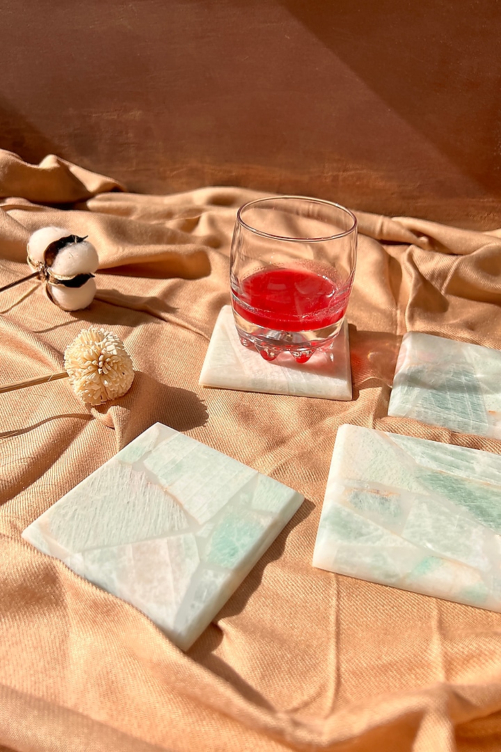 Green & White Amazonite Stone Coaster Set by Gemtherapy at Pernia's Pop Up Shop