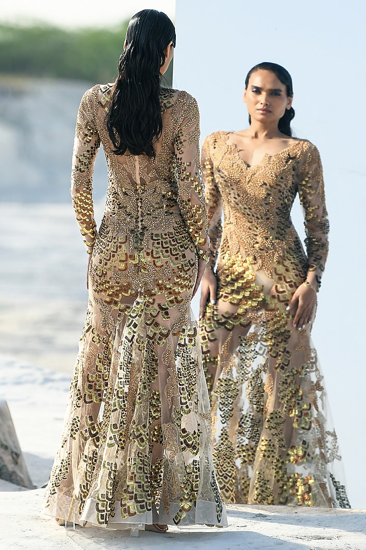 Golden Nylon & Viscose Fish Scale Embroidered Wedding Gown by Geisha Designs at Pernia's Pop Up Shop