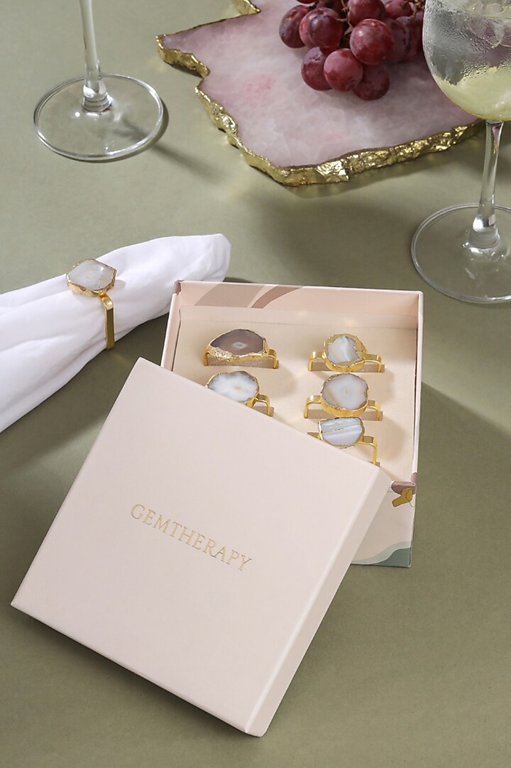 White Natural Agate Stone Napkin Ring Set by Gemtherapy at Pernia's Pop Up Shop