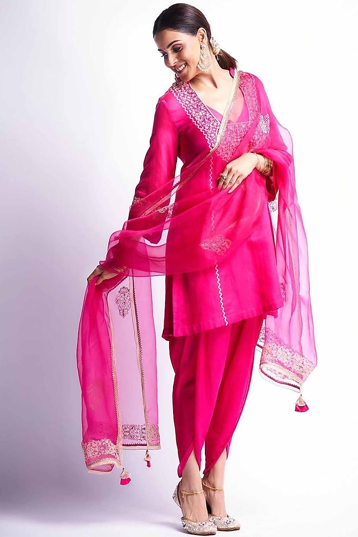 Fuschia Cotton Silk Satin Dhoti Set by Devnaagri