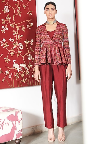 Maroon Cotton Silk Pant Set by Gg by asha gautam