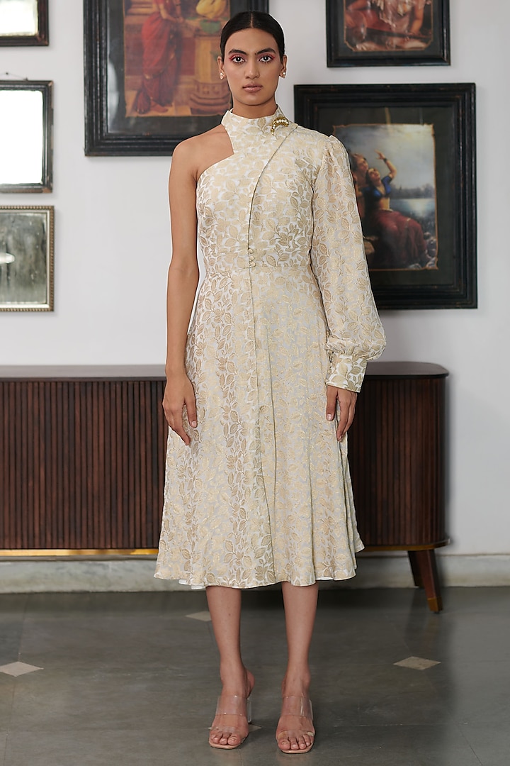 White & Gold Banarasi Brocade Dress by Gg by asha gautam