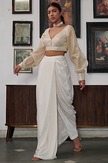 White & Gold Banarasi Brocade Skirt Set by Gg by asha gautam at Pernia's Pop Up Shop