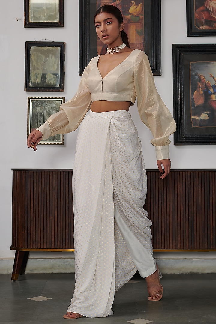 White & Gold Banarasi Brocade Skirt Set by Gg by asha gautam