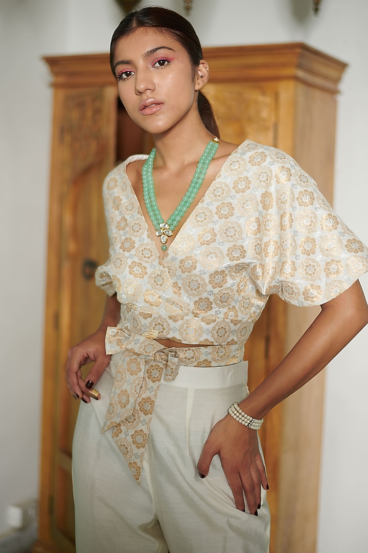 White & Gold Banarasi Brocade Pant Set by Gg by asha gautam at Pernia's Pop Up Shop