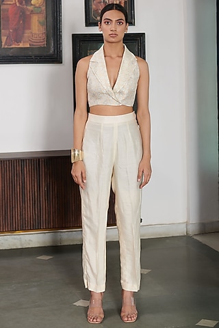 White & Gold Banarasi Brocade Pant Set by Gg by asha gautam