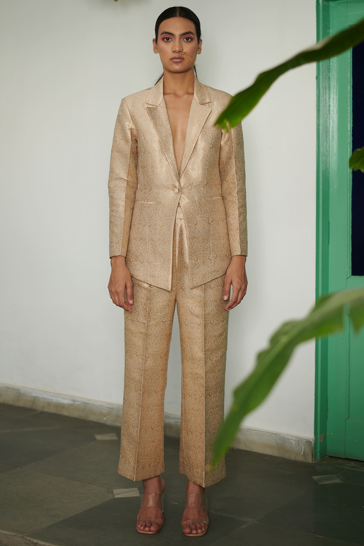 Gold Banarasi Brocade Jacket Set by Gg by asha gautam at Pernia's Pop Up Shop