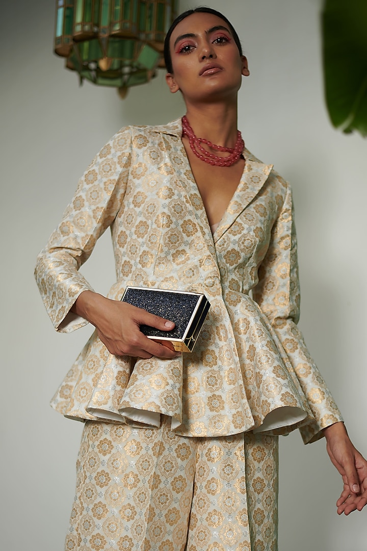 White & Gold Banarasi Brocade Jacket Set by Gg by asha gautam at Pernia's Pop Up Shop