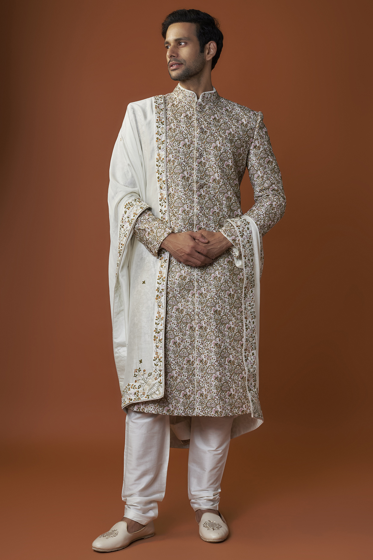 Ivory Raw Silk Embroidered Sherwani Set by GAURANG GALIYA at Pernia's Pop Up Shop