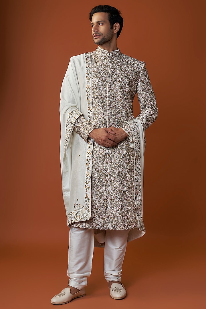Ivory Raw Silk Embroidered Sherwani Set by GAURANG GALIYA at Pernia's Pop Up Shop