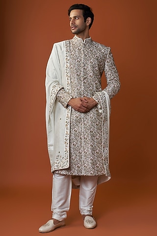 Ivory Raw Silk Embroidered Sherwani Set by GAURANG GALIYA
