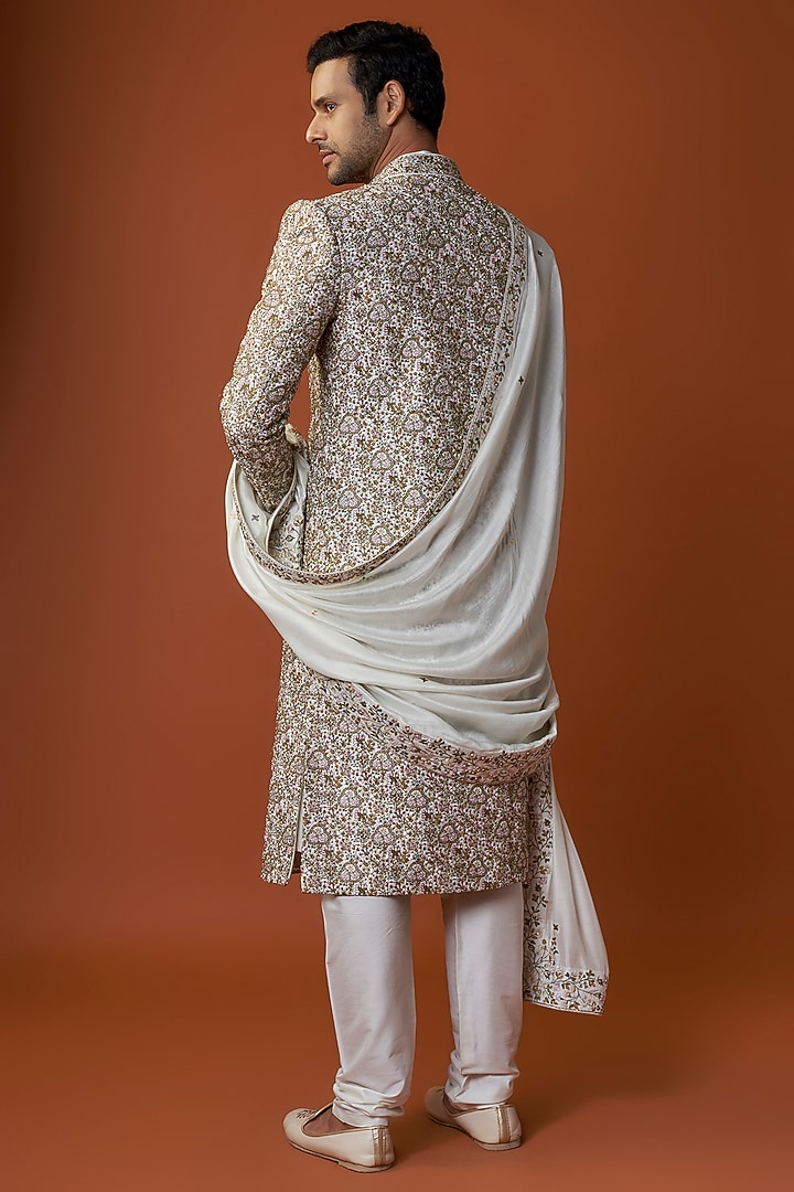 Ivory Raw Silk Embroidered Sherwani Set by GAURANG GALIYA at Pernia's Pop Up Shop