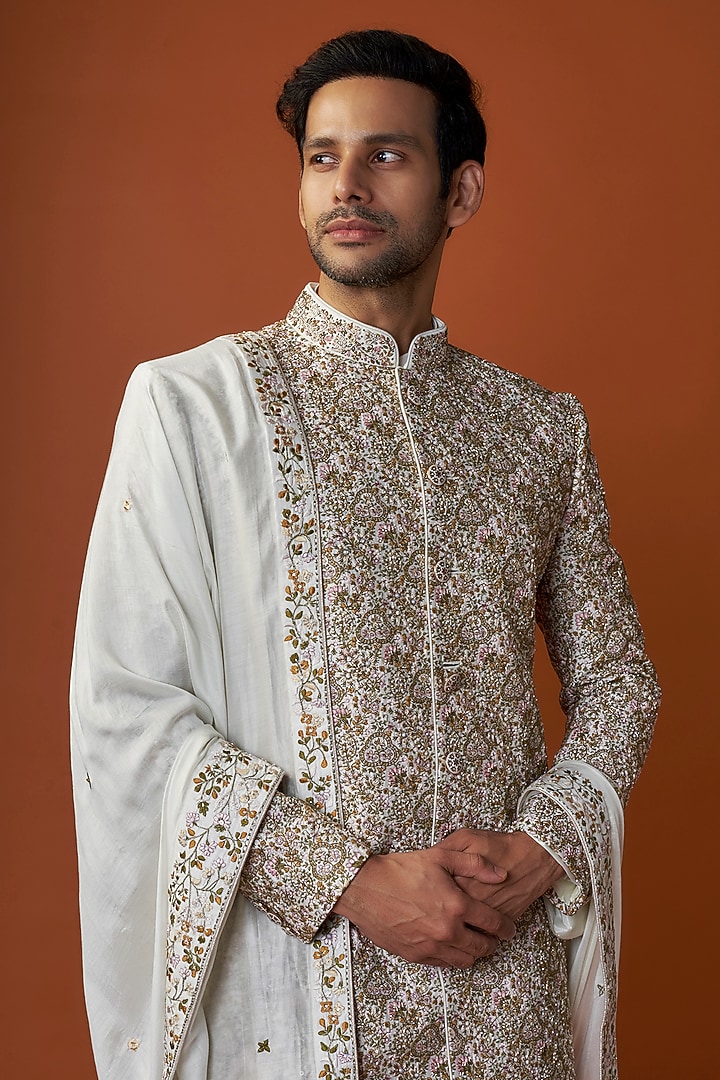 Ivory Raw Silk Embroidered Sherwani Set by GAURANG GALIYA at Pernia's Pop Up Shop