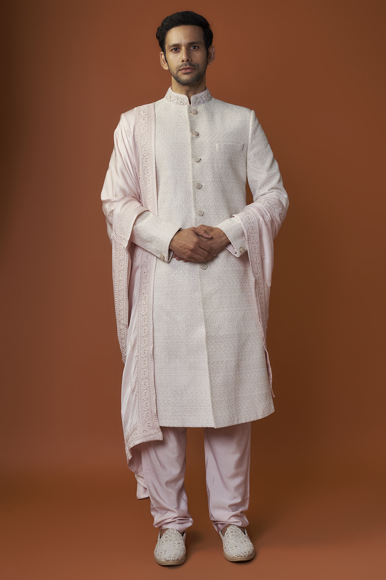 Baby Pink Raw Silk Embroidered Sherwani Set by GAURANG GALIYA at Pernia's Pop Up Shop