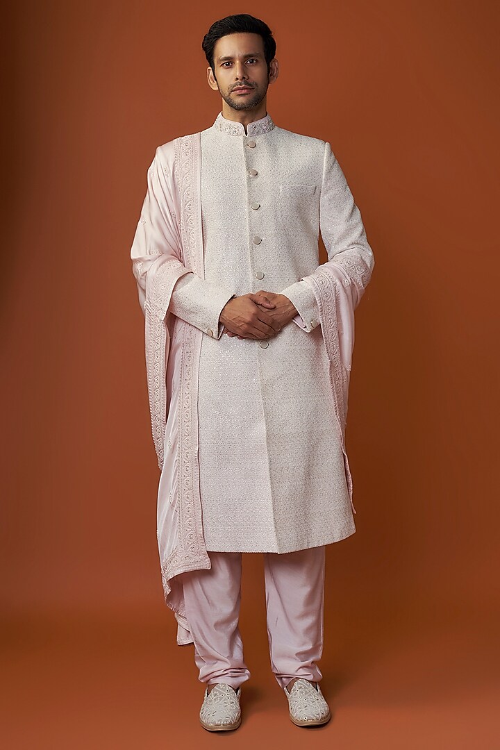 Baby Pink Raw Silk Embroidered Sherwani Set by GAURANG GALIYA at Pernia's Pop Up Shop