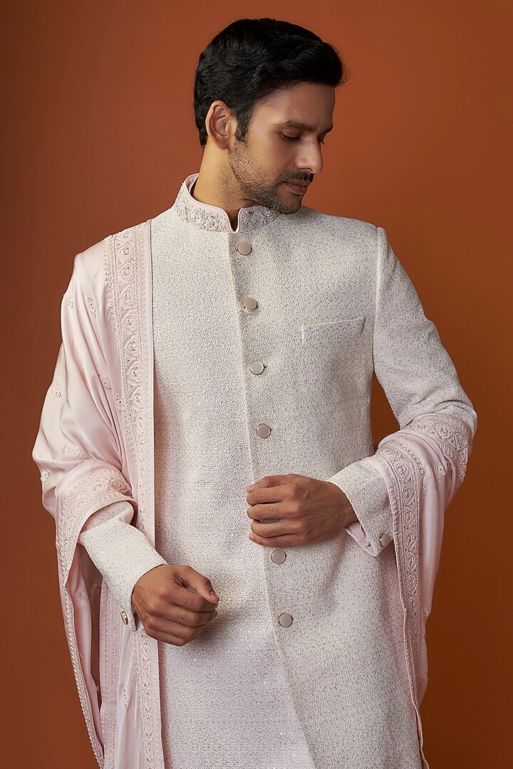 Baby Pink Raw Silk Embroidered Sherwani Set by GAURANG GALIYA at Pernia's Pop Up Shop