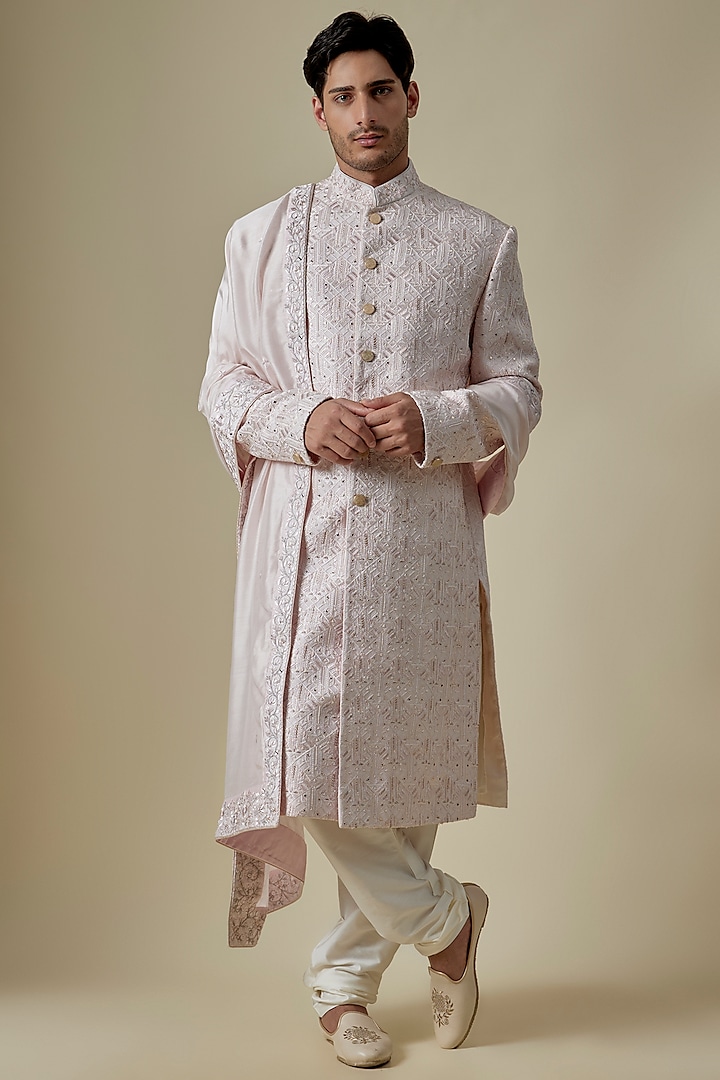 Ivory Silk Thread & Sequins Work Groom Sherwani Set by GAURANG GALIYA at Pernia's Pop Up Shop