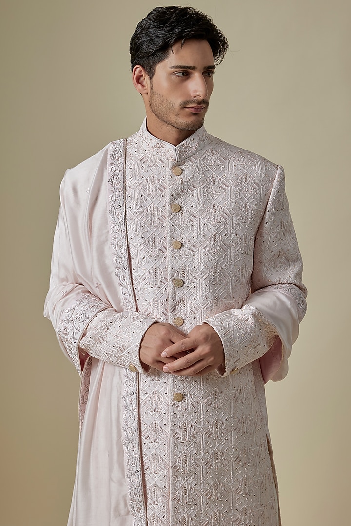 Ivory Silk Thread & Sequins Work Groom Sherwani Set by GAURANG GALIYA at Pernia's Pop Up Shop