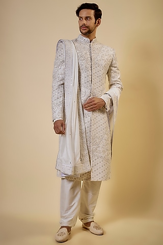 Off-White Raw Silk Embroidered Sherwani Set by GAURANG GALIYA