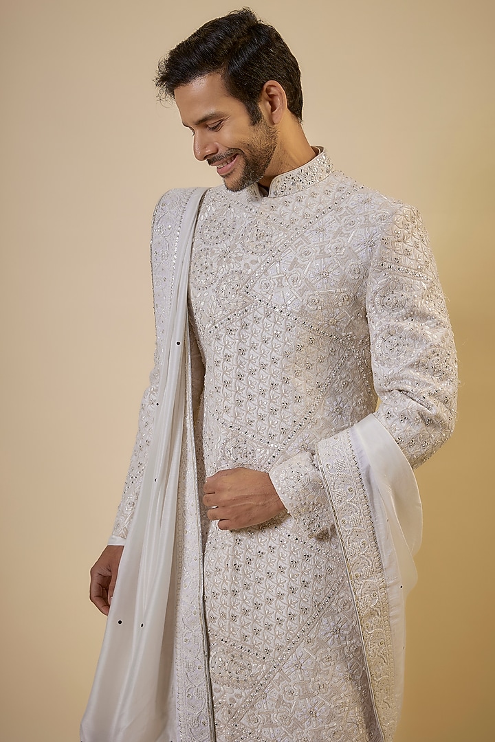 Off-White Raw Silk Embroidered Sherwani Set by GAURANG GALIYA at Pernia's Pop Up Shop