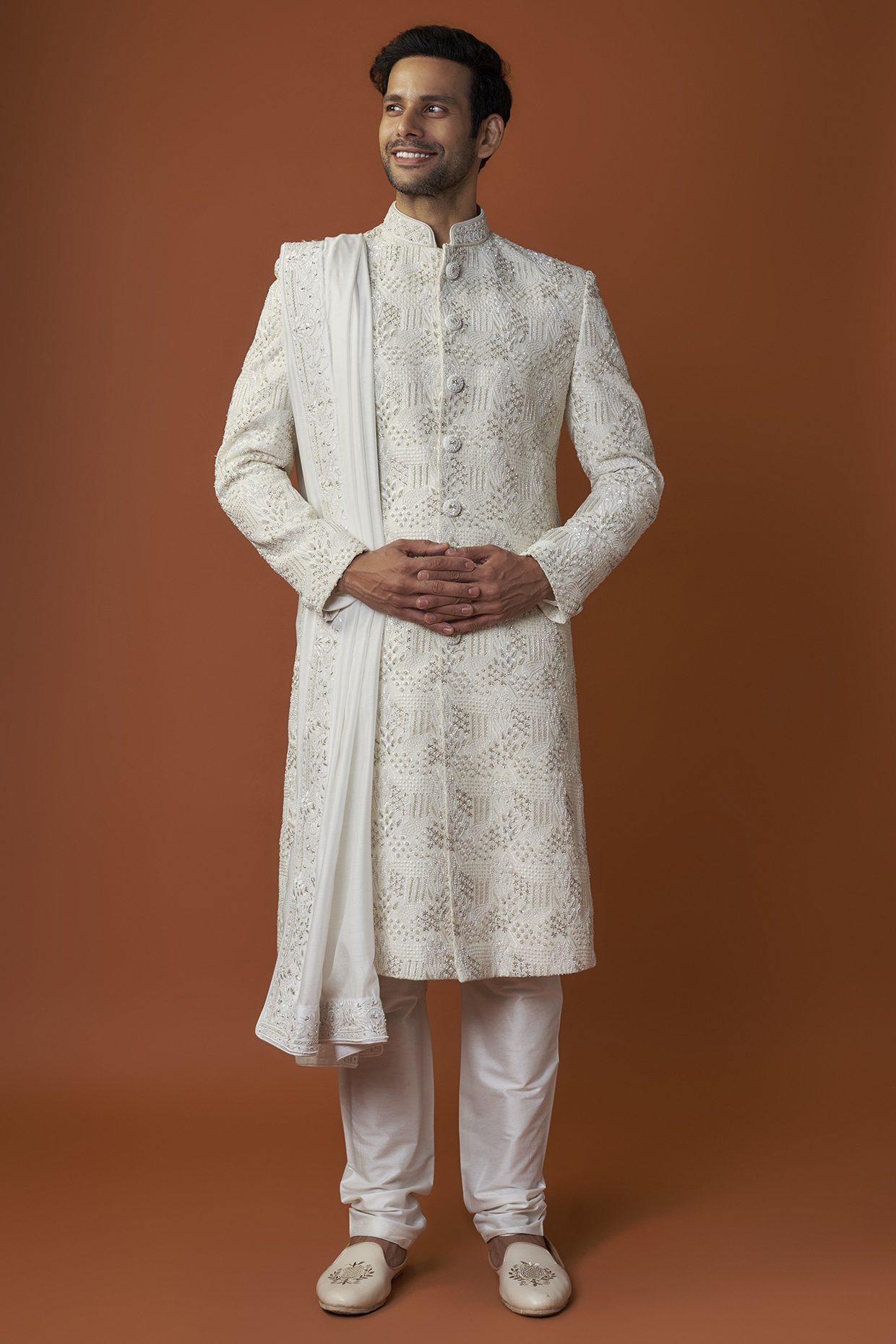 White Raw Silk Embroidered Sherwani Set by GAURANG GALIYA at Pernia's Pop Up Shop