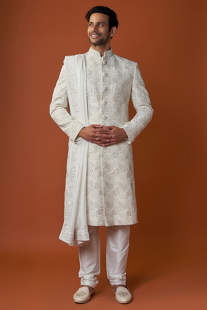 White Raw Silk Embroidered Sherwani Set by GAURANG GALIYA at Pernia's Pop Up Shop