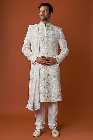 White Raw Silk Embroidered Sherwani Set by GAURANG GALIYA