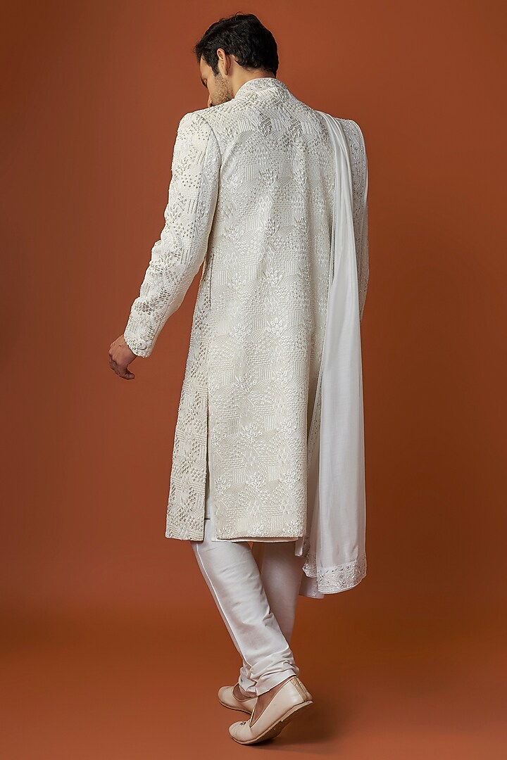 White Raw Silk Embroidered Sherwani Set by GAURANG GALIYA at Pernia's Pop Up Shop