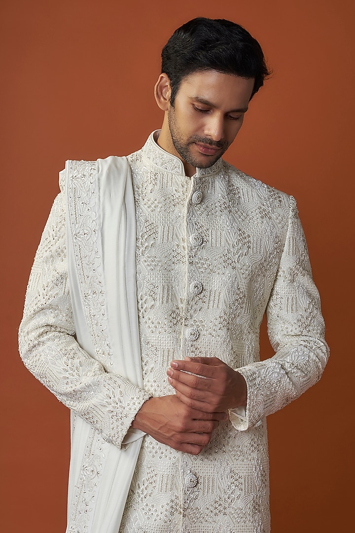White Raw Silk Embroidered Sherwani Set by GAURANG GALIYA at Pernia's Pop Up Shop