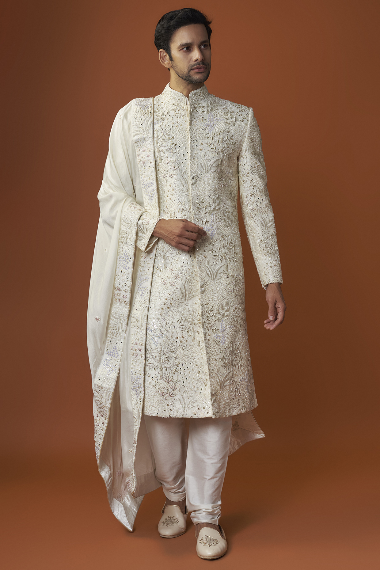 Light Ivory Raw Silk Embroidered Sherwani Set by GAURANG GALIYA at Pernia's Pop Up Shop