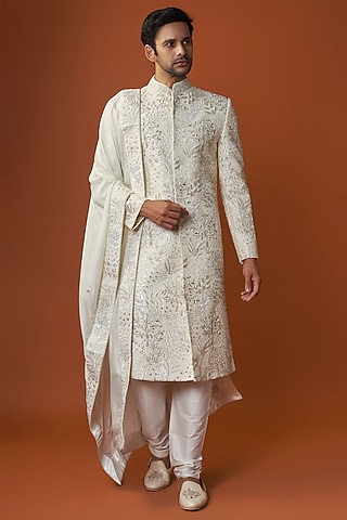 Light Ivory Raw Silk Embroidered Sherwani Set by GAURANG GALIYA