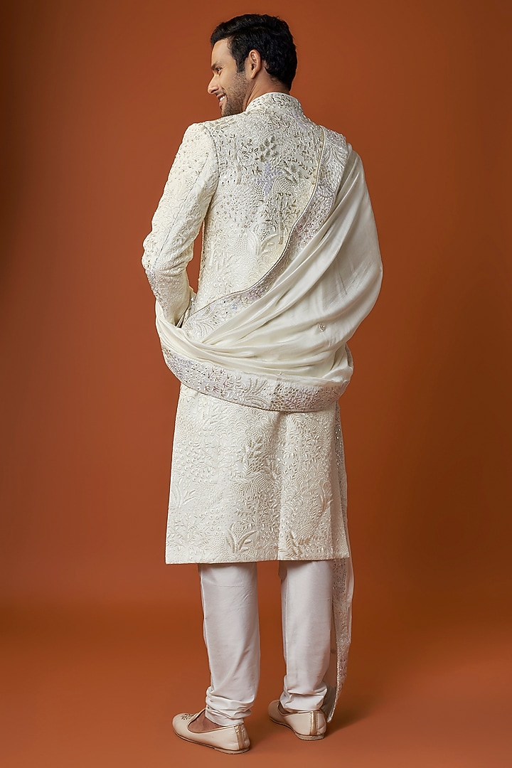 Light Ivory Raw Silk Embroidered Sherwani Set by GAURANG GALIYA at Pernia's Pop Up Shop