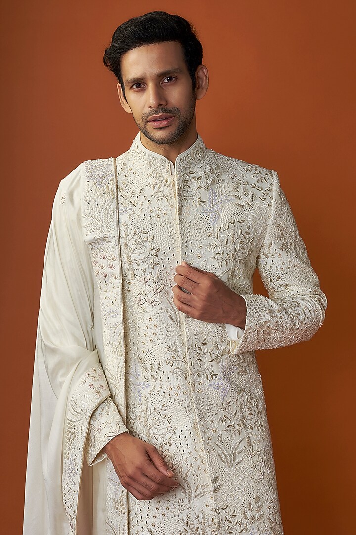 Light Ivory Raw Silk Embroidered Sherwani Set by GAURANG GALIYA at Pernia's Pop Up Shop