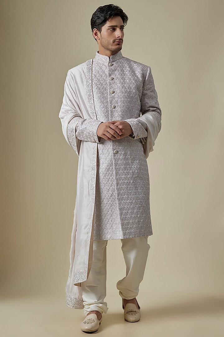 Lilac Silk Thread Embroidered Groom Sherwani Set by GAURANG GALIYA at Pernia's Pop Up Shop