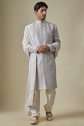 Lilac Silk Thread Embroidered Sherwani Set by GAURANG GALIYA