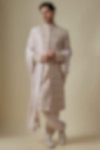 Beige Silk Thread & Cutdana Embroidered Groom Sherwani Set by GAURANG GALIYA at Pernia's Pop Up Shop