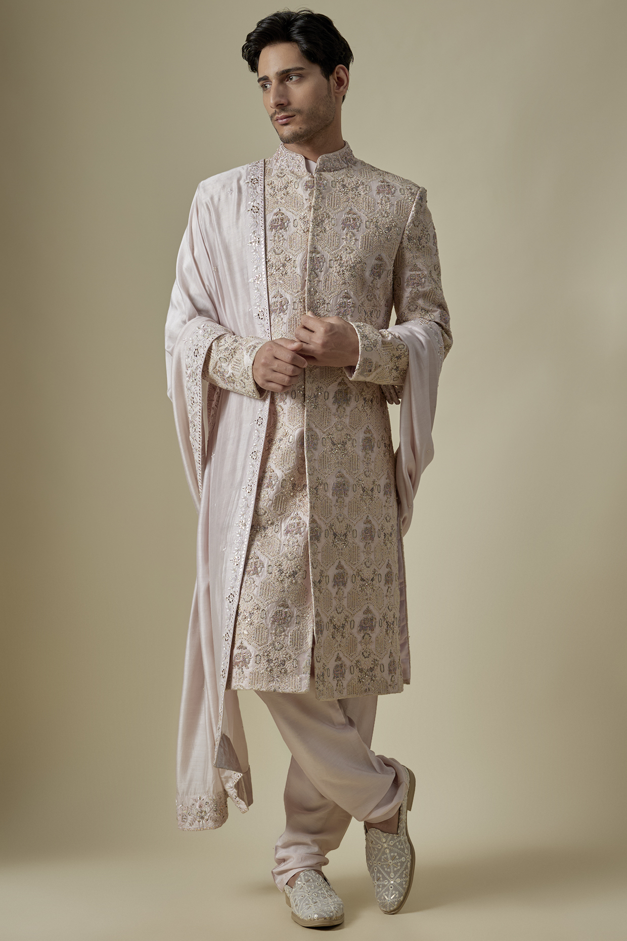 Beige Silk Thread & Cutdana Embroidered Groom Sherwani Set by GAURANG GALIYA at Pernia's Pop Up Shop