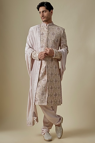 Beige Silk Thread & Cutdana Embroidered Sherwani Set by GAURANG GALIYA