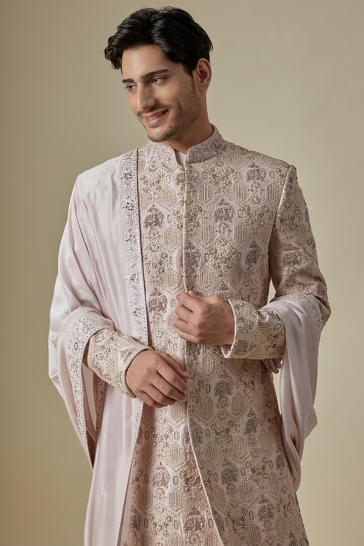 Beige Silk Thread & Cutdana Embroidered Groom Sherwani Set by GAURANG GALIYA at Pernia's Pop Up Shop