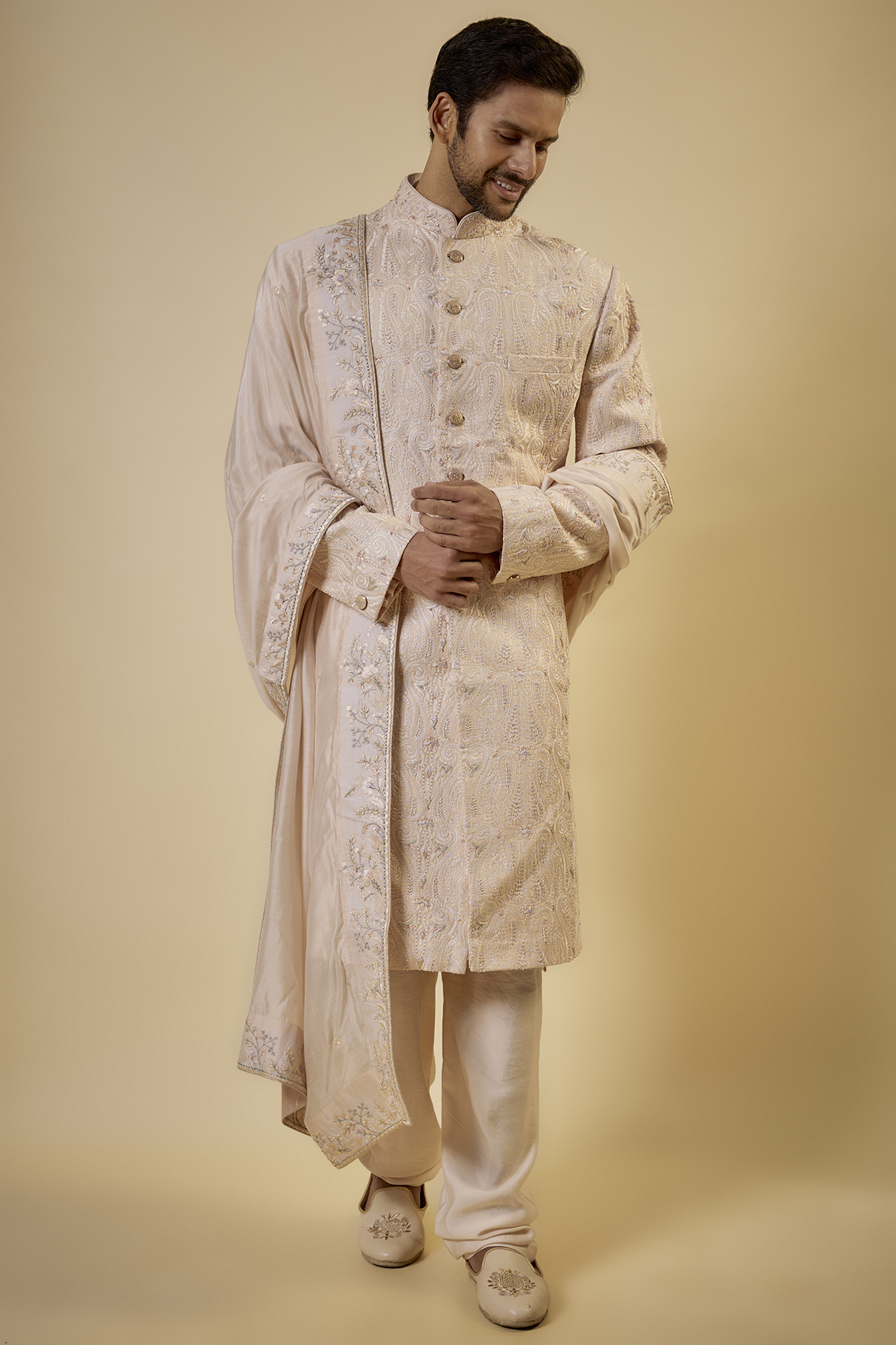 Peach Raw Silk Embroidered Sherwani Set by GAURANG GALIYA at Pernia's Pop Up Shop