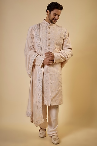 Peach Raw Silk Embroidered Sherwani Set by GAURANG GALIYA
